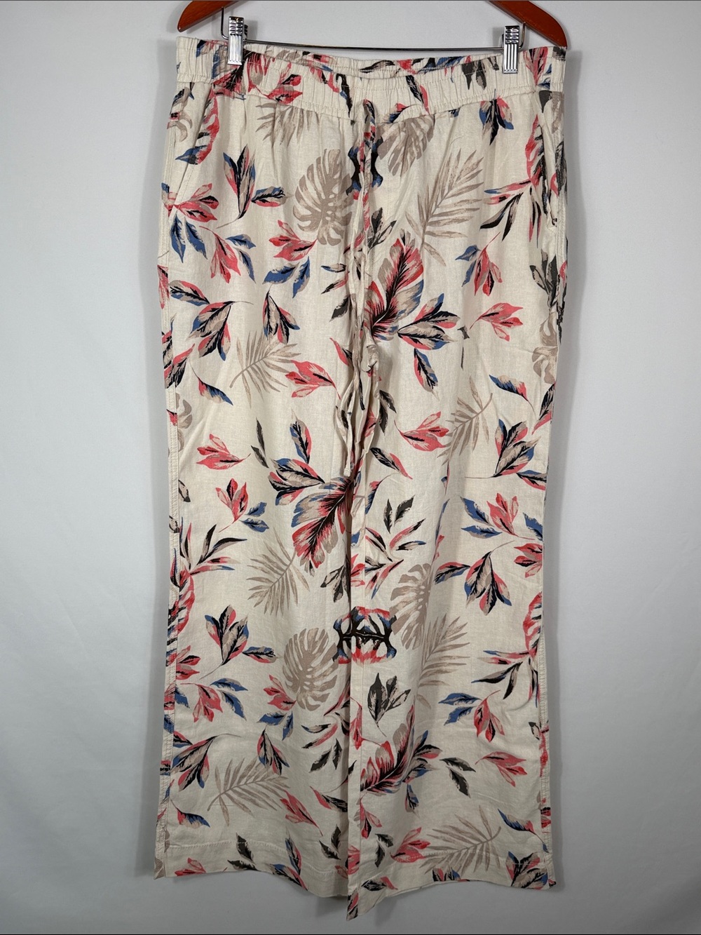 Briggs Cream Floral Wide-Leg Pants with Pink & Blue Leaves Linen Blend Size L